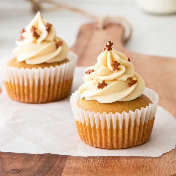 food on a table, with Salted Caramel Gingerbread Cupcakes 