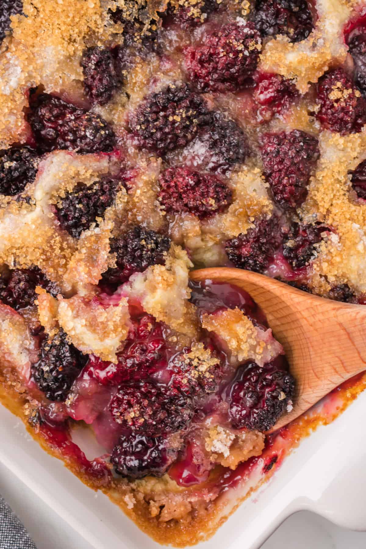 blackberry cobbler in a white dish with a wooden spoon.