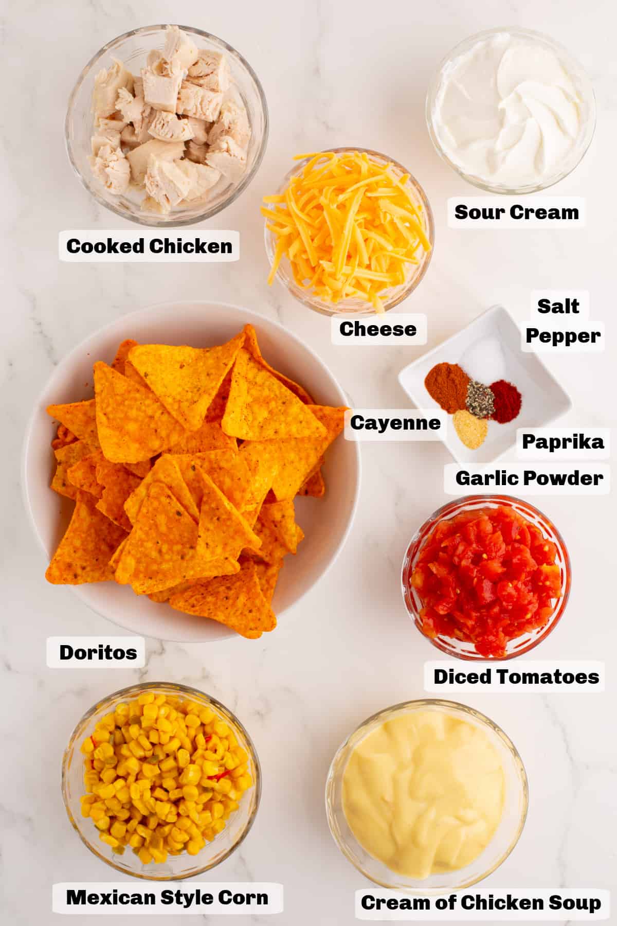 ingredients on a table, with Doritos Chicken Casserole