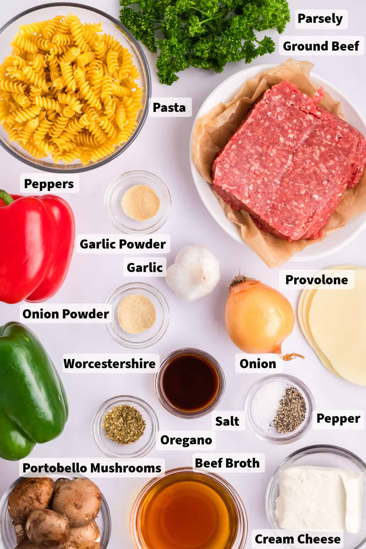 ingredients on a table, for philly cheesesteak casserole