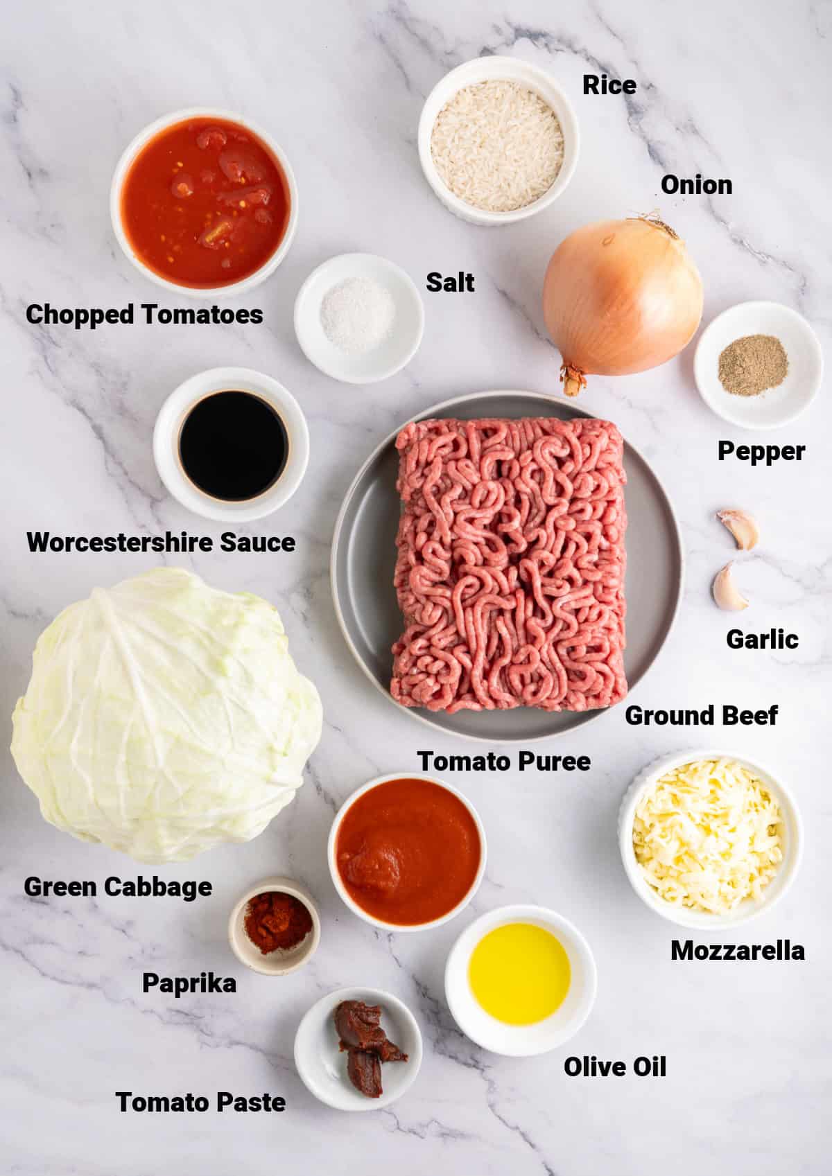 ingredients on a table, food to make stuffed cabbage casserole