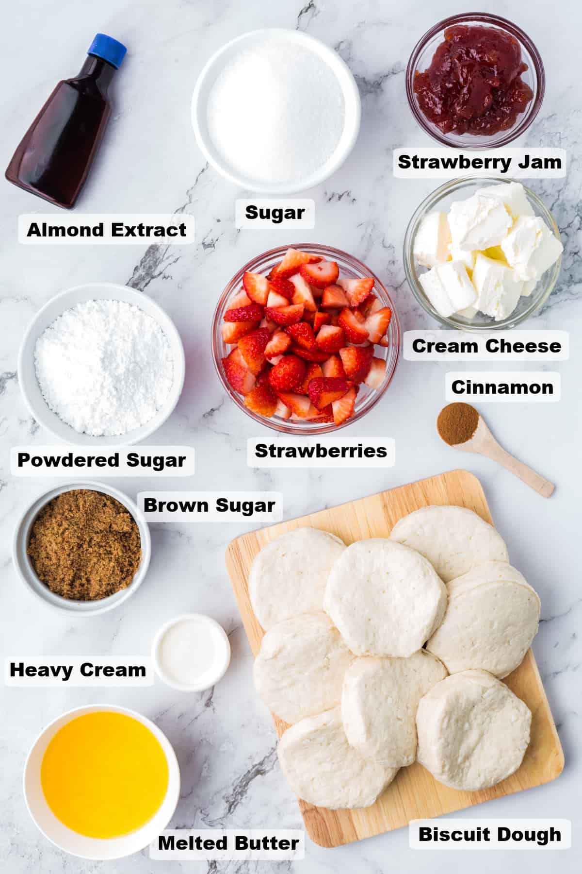 ingredients on a table to make strawberry monkey bread