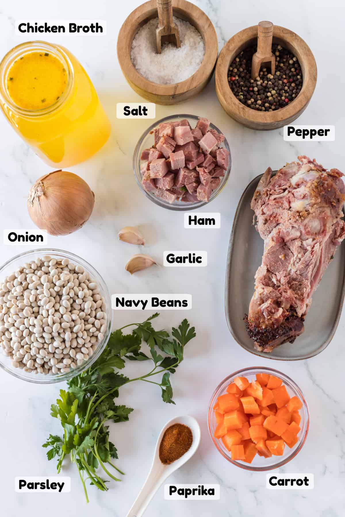 food, ingredients on a table to make ham and cean soup