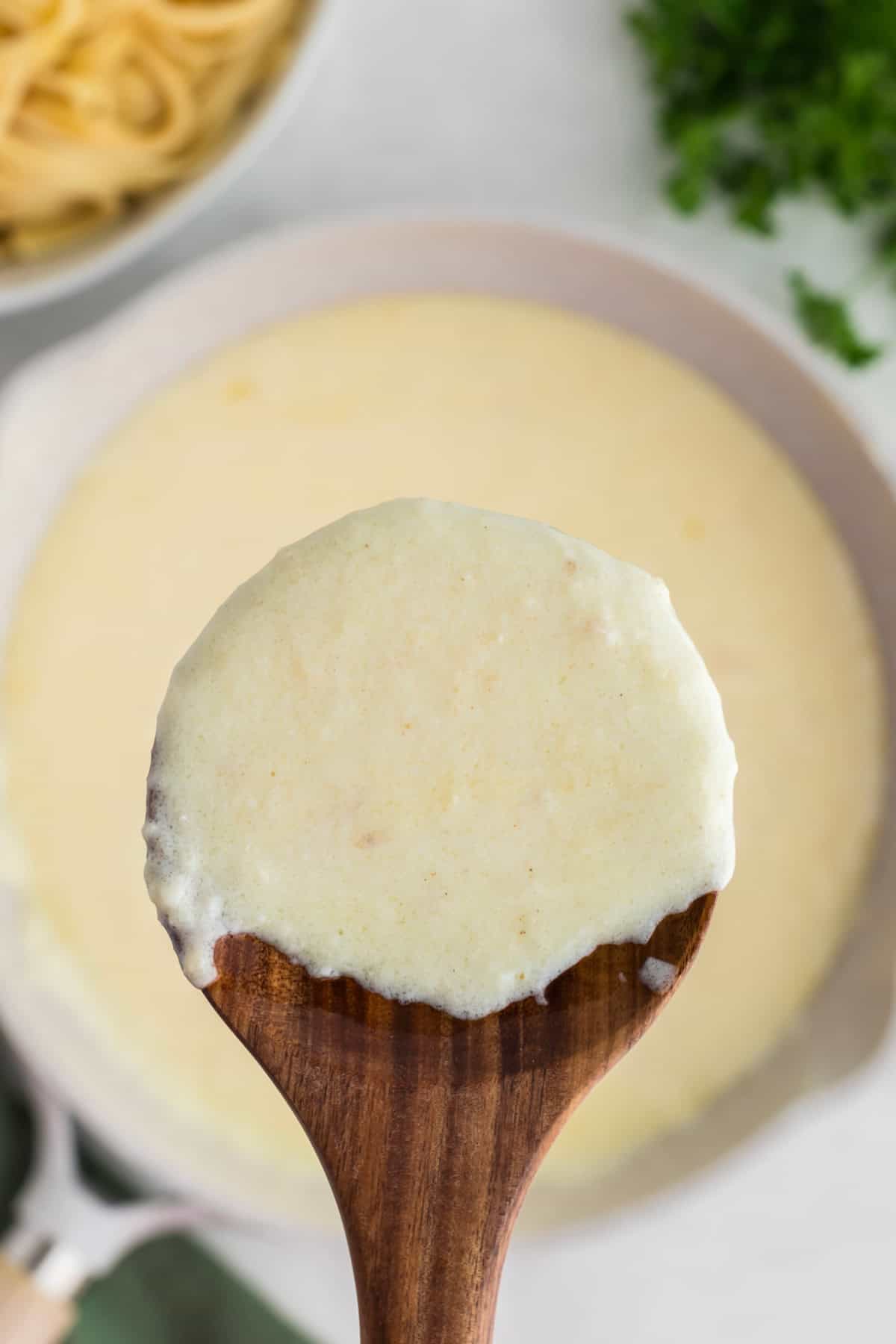 White sauce on a wooden spoon over a bowl of white sauce.