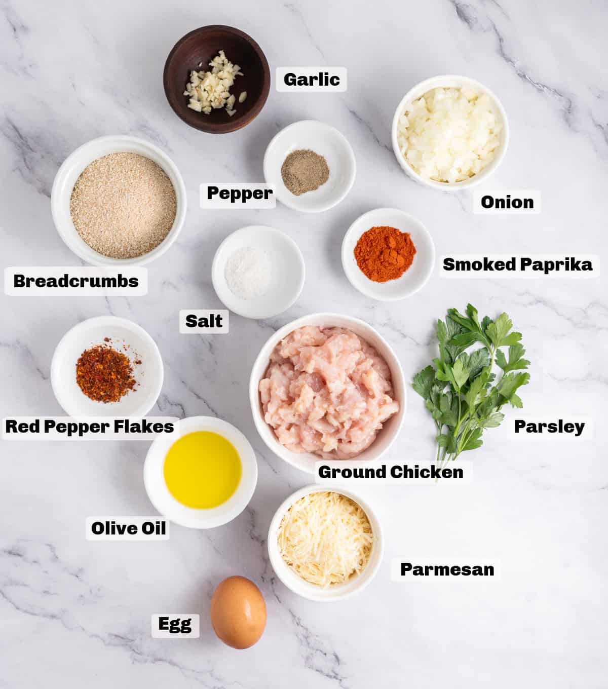 ingredients on a table, with chicken meatballs