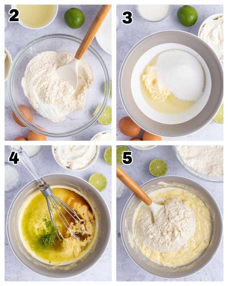steps to make Key Lime Cake using a bowl and key ingrediiets.
