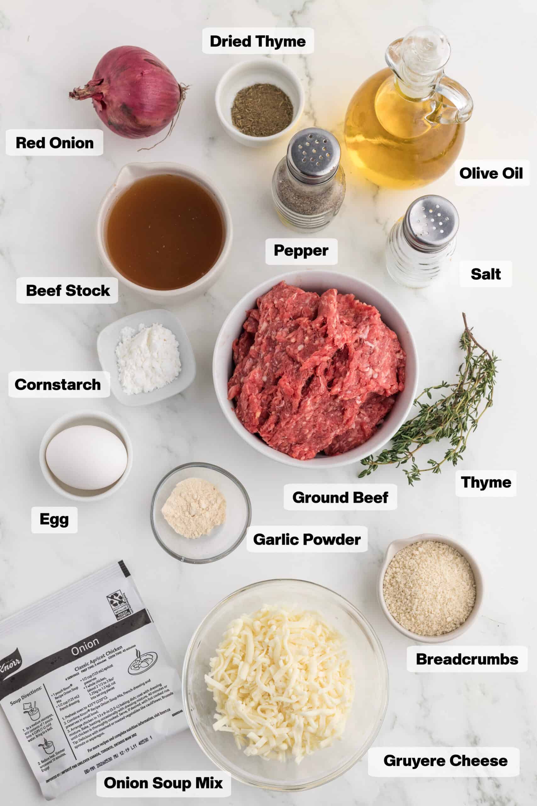 ingredients on a table to make french onion meatballs