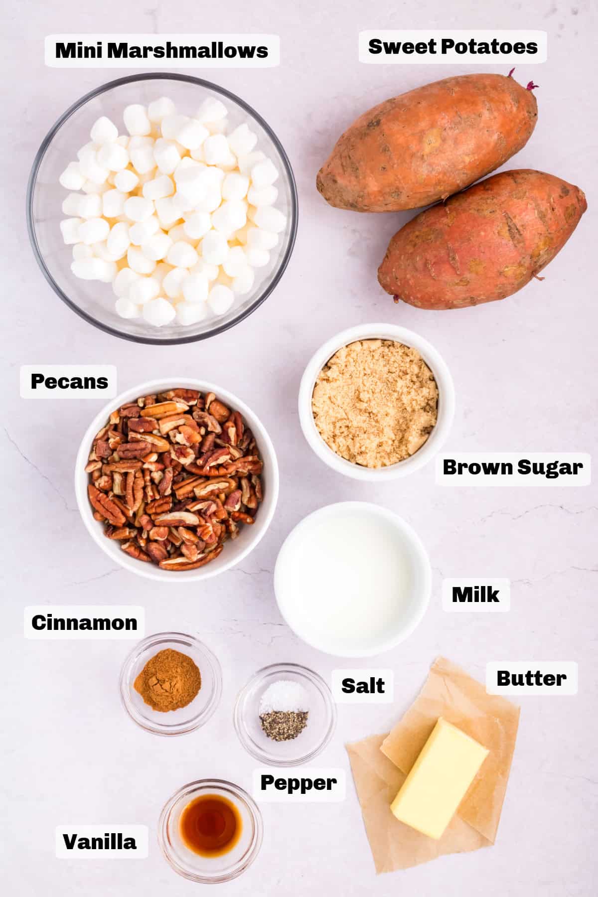 ingredients on a table to make Sweet Potato Casserole with Marshmallows