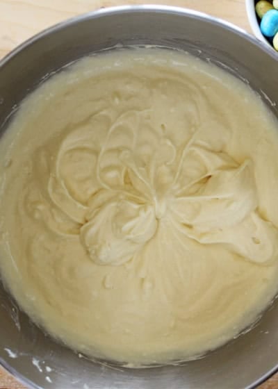 uncooked white batter in a mixing bowl.