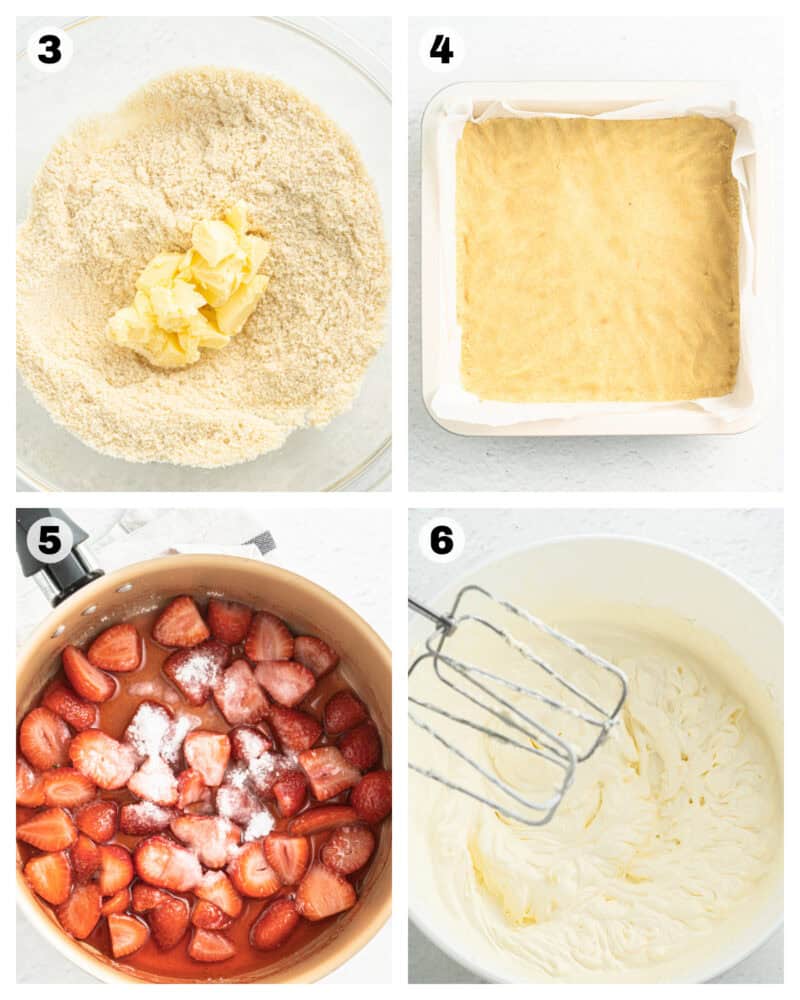 How to make No Bake Strawberry Cheesecake Bars, including mixing the cheesecake base in a bowl and adding it into a parchment paper lined pan, and cooking the strawberries to make the compote.