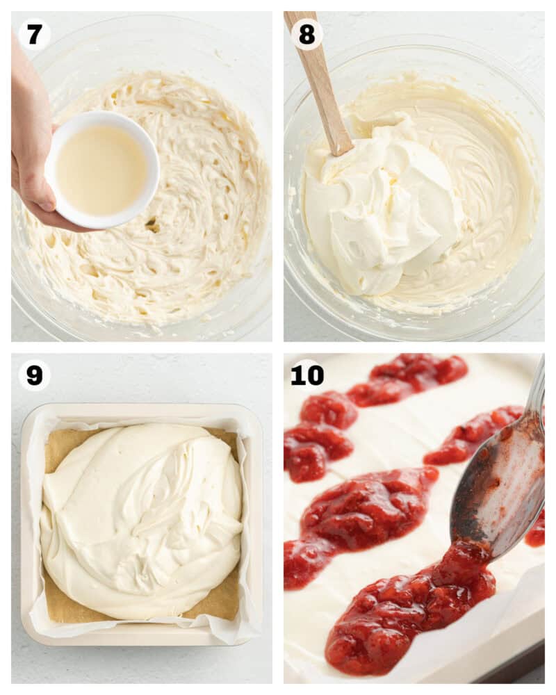 How to make No Bake Strawberry Cheesecake Bars, including making the filling in a bowl, and adding the homemade strawberry sauce on top.