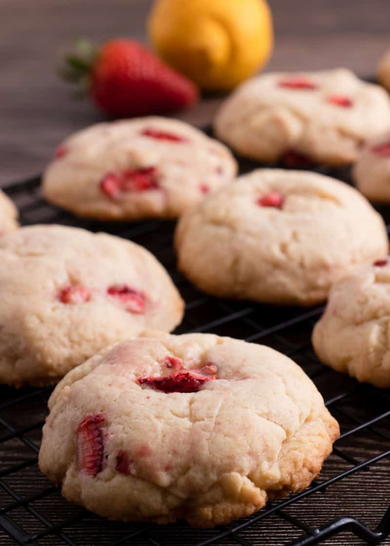 cooked strawberry lemonade cream cheese cookies on a cooling rack.