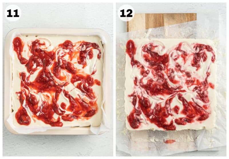 Making No Bake Strawberry Cheesecake Bars, the cheesecake in a pan and then out of the pan on the table ready to be cut into.