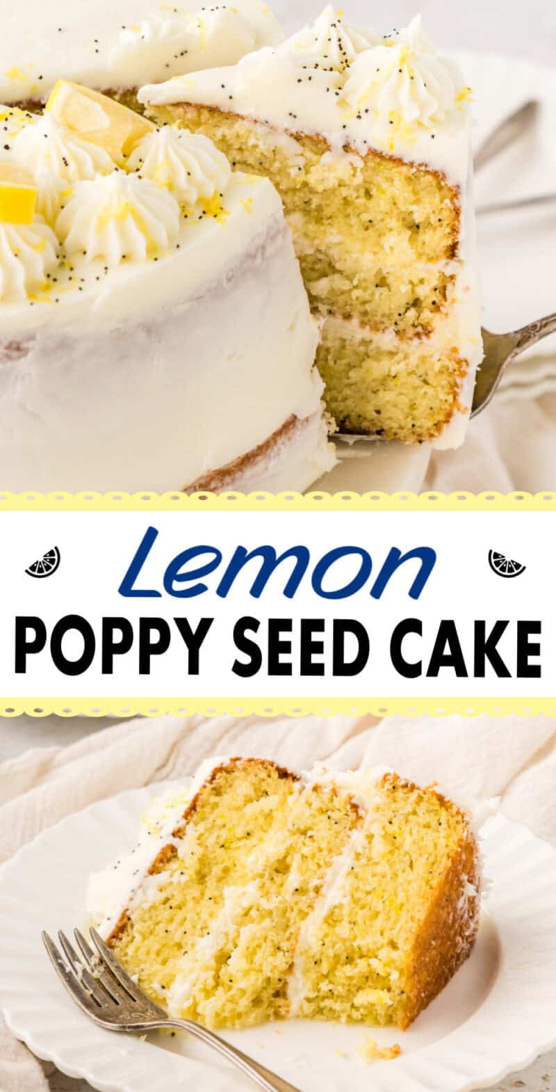 A slice of lemon poppy seed cake being cut from a whole cake and placed on a white plate with a fork.