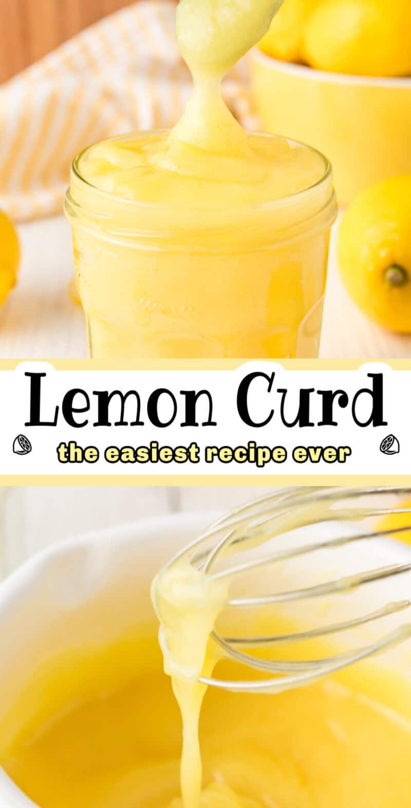 cooked bright yellow lemon curd in a jar and in a pan with a whisk.
