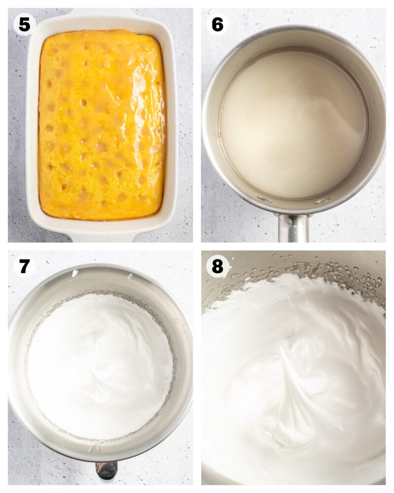 steps to make a lemon poke cake including pouring the curd into the cake holes, and making the meringue topping until peaks form.