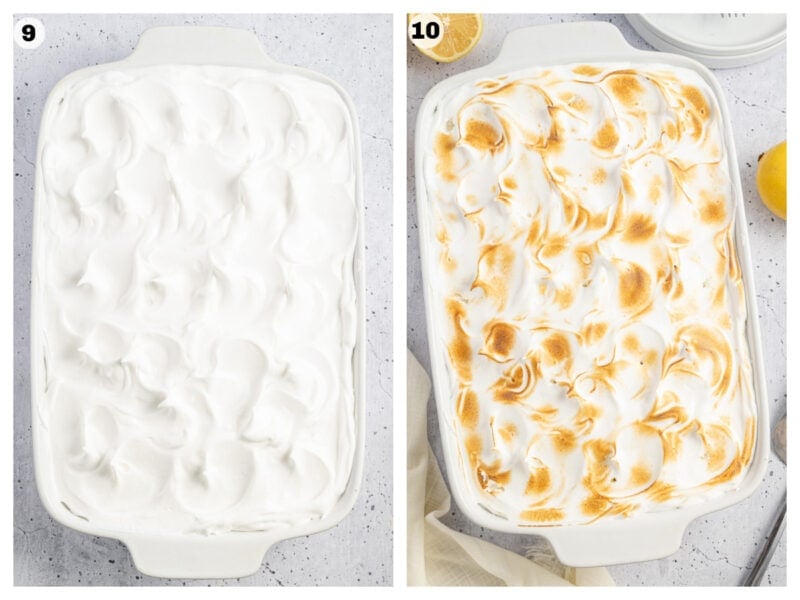 meringue topping on a cake, then after toasting, with fresh lemon halves beside it.