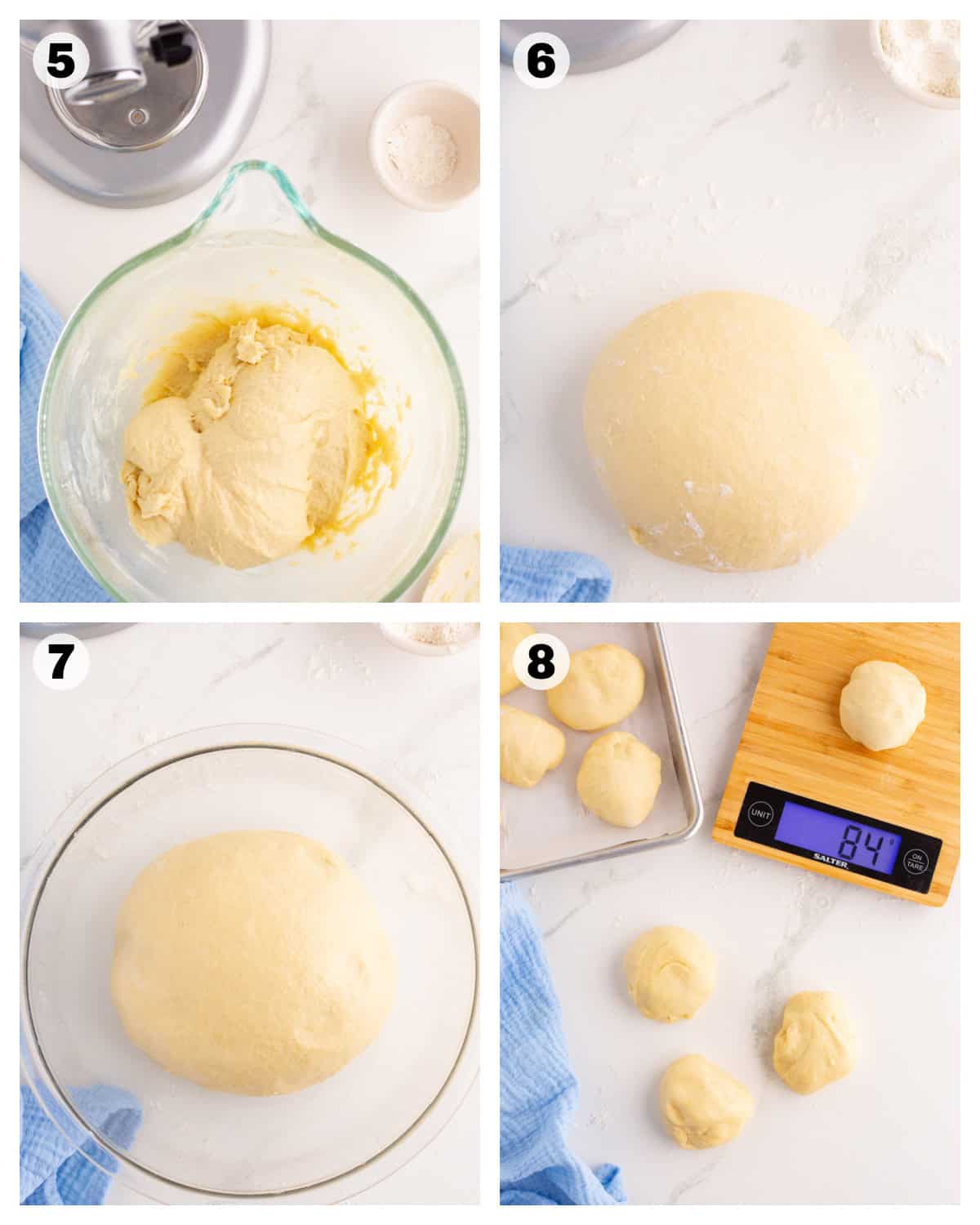 making easter bread by mixing the dough, letting it rise, and separating it into dough balls.