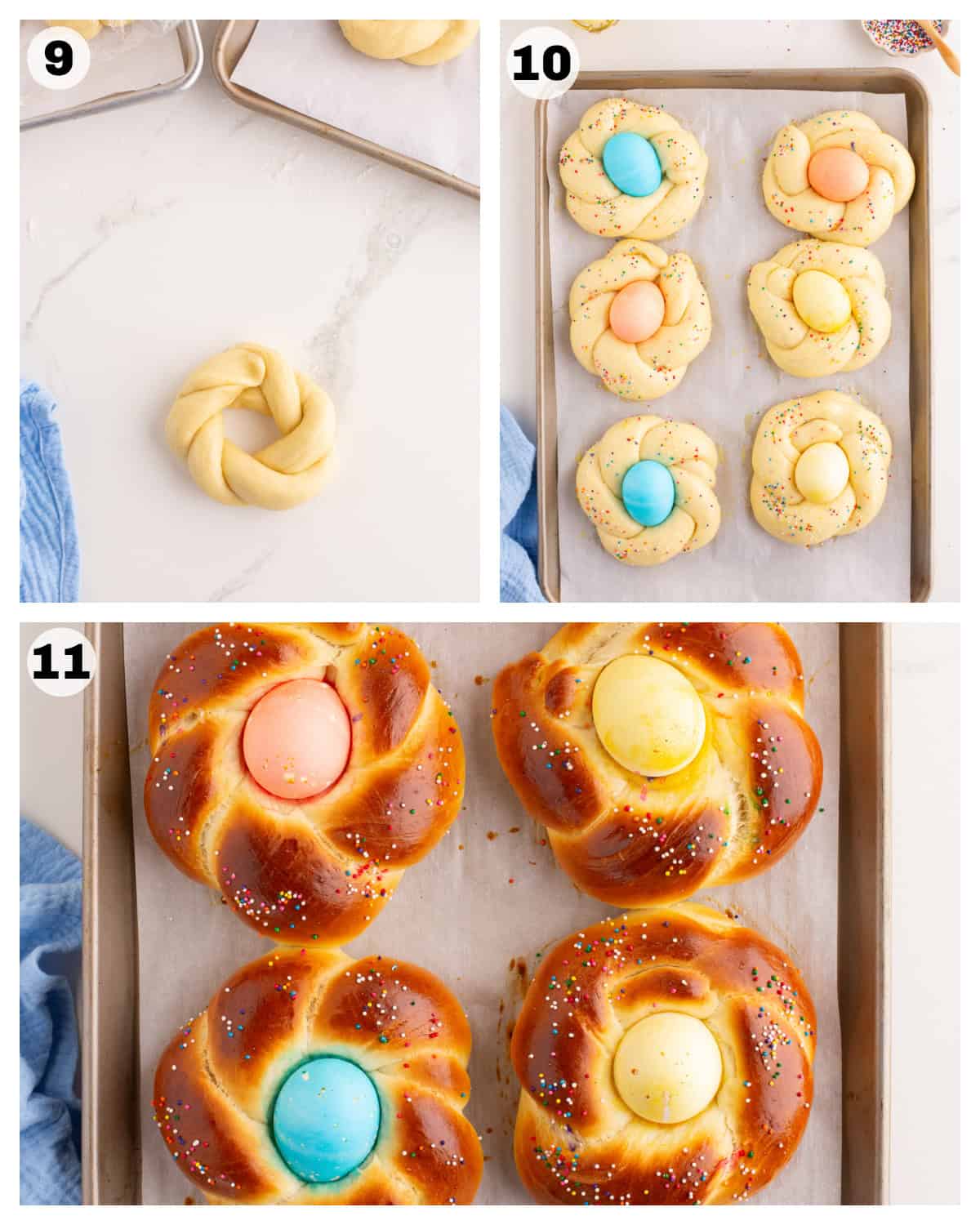 steps to make braided easter bread including placing colored eggs into the midd and baked until golden brown.