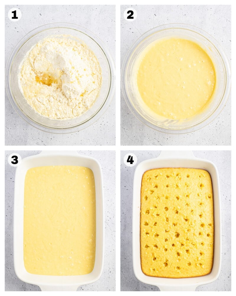 steps to maker lemon poke cake including mixing the cake mixture, and putting it into a baking pan and poke holes into it.