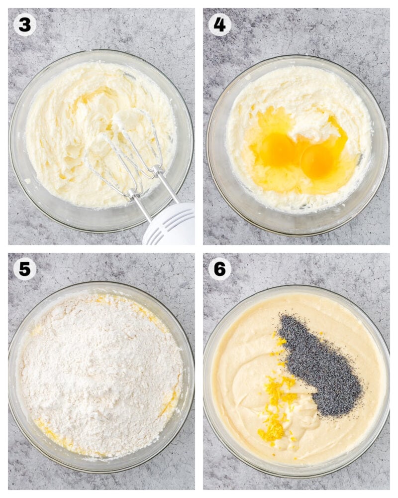 how to make lemon poppyseed cupcakes including mixing in bowls to make cupcake batter and icing.