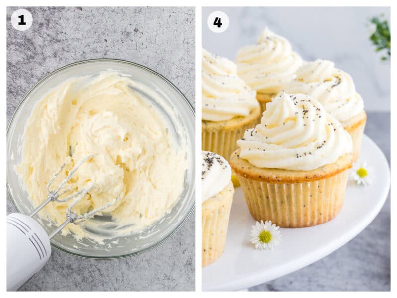 frosting being mixed into a bowl and Lemon poppyseed cupcakes with a white buttercream icing on top, sprinkled with poppy seeds.
