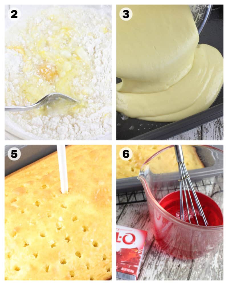 steps to make strawberry poke cake such as baking box cake mix and poking holes into the baked cake.