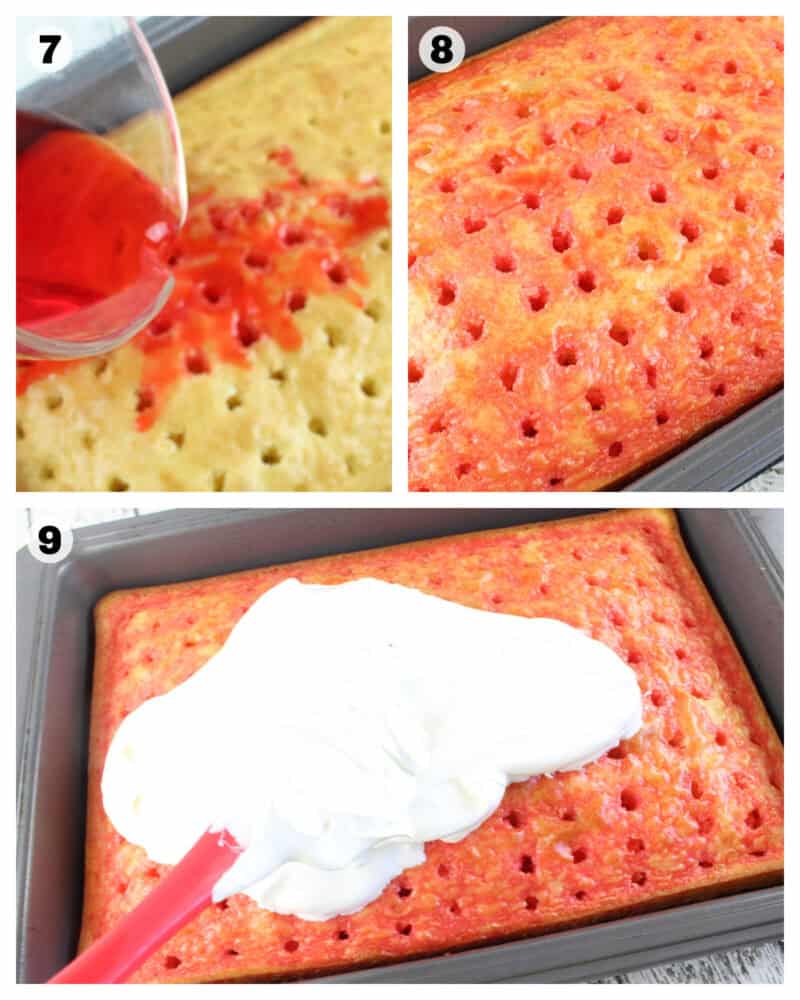 steps to make strawberry poke cake with jello including pouring jello mixture into poked holes, and adding a layer of cool whip on top.