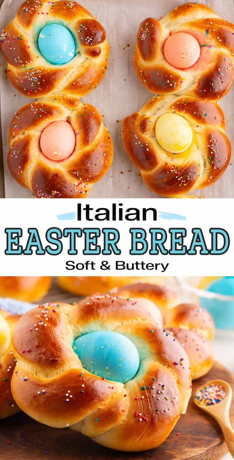 baked easter bread with colored sprinkles and a dyed egg in the middle.