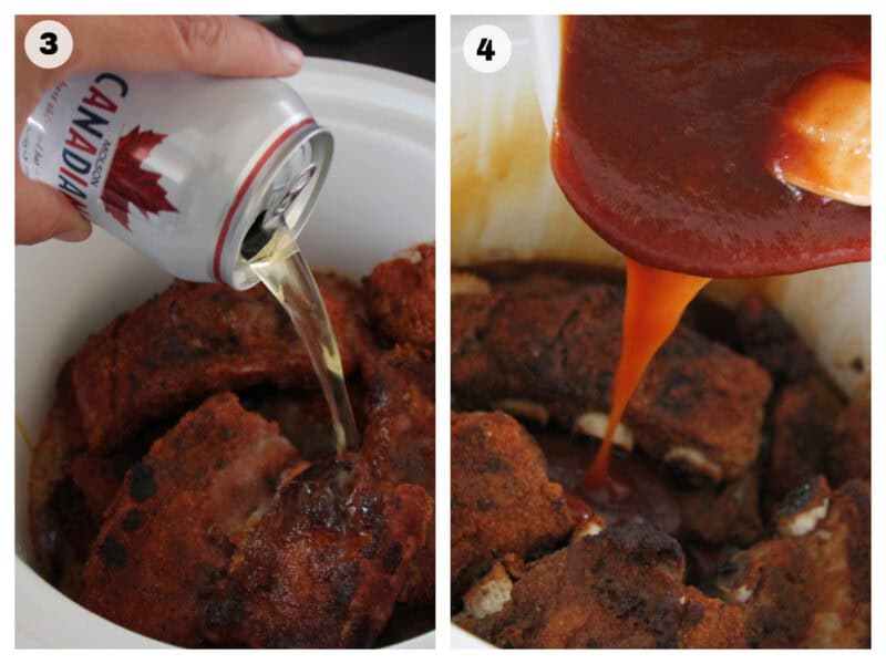 ribs cooked in the slow cooker with a can of beer and barbecue sauce.