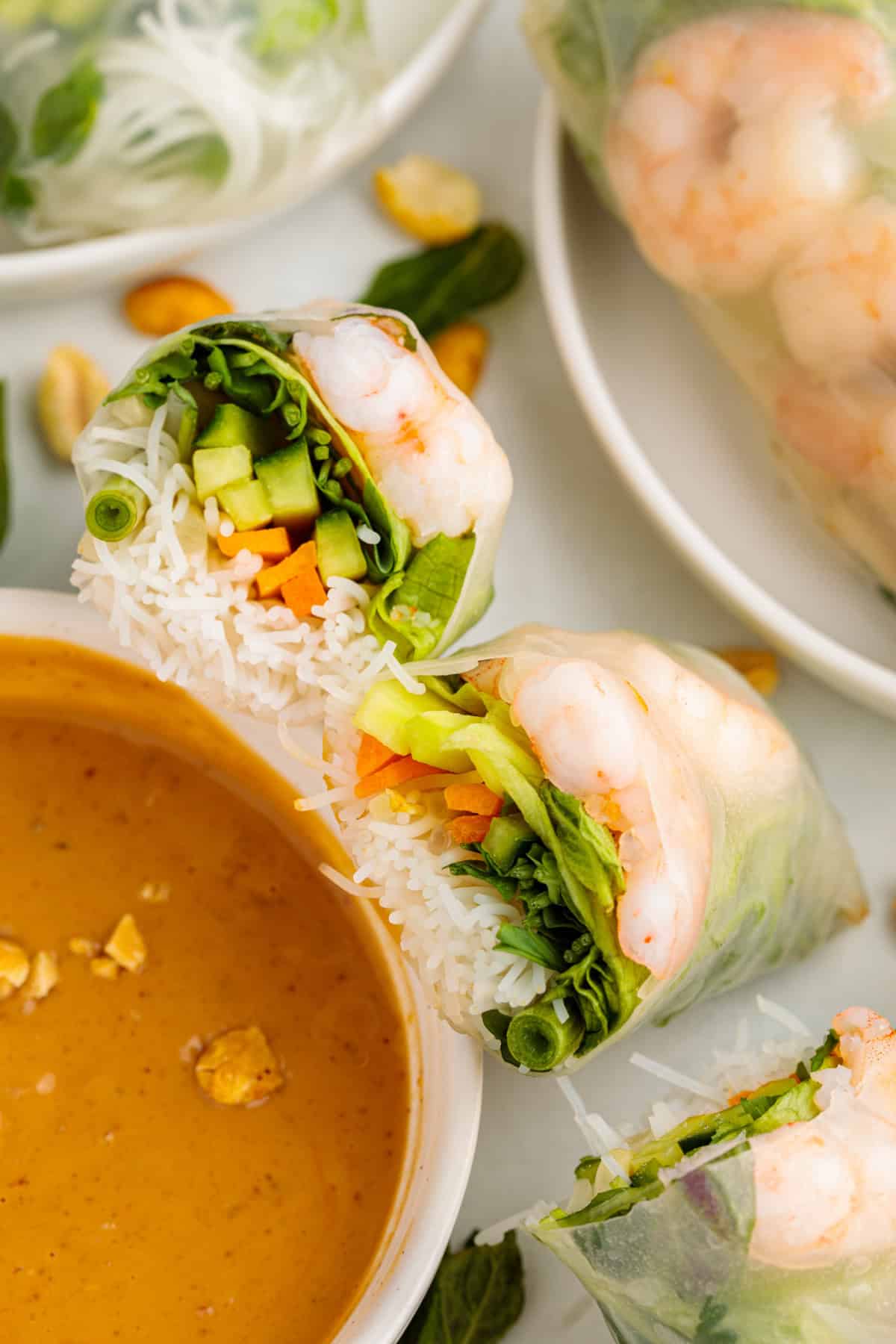 Vietnamese Shrimp Salad Rolls with a peanut dipping sauce.