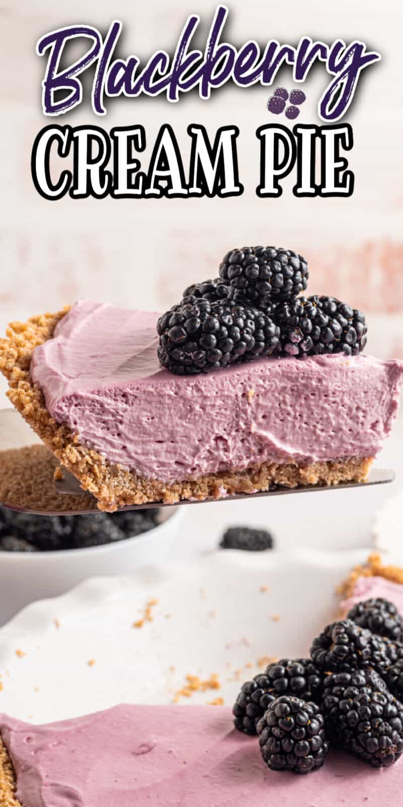 a slice of blackberry cream pie with fresh blackberries on top being taken out of a whole pie.