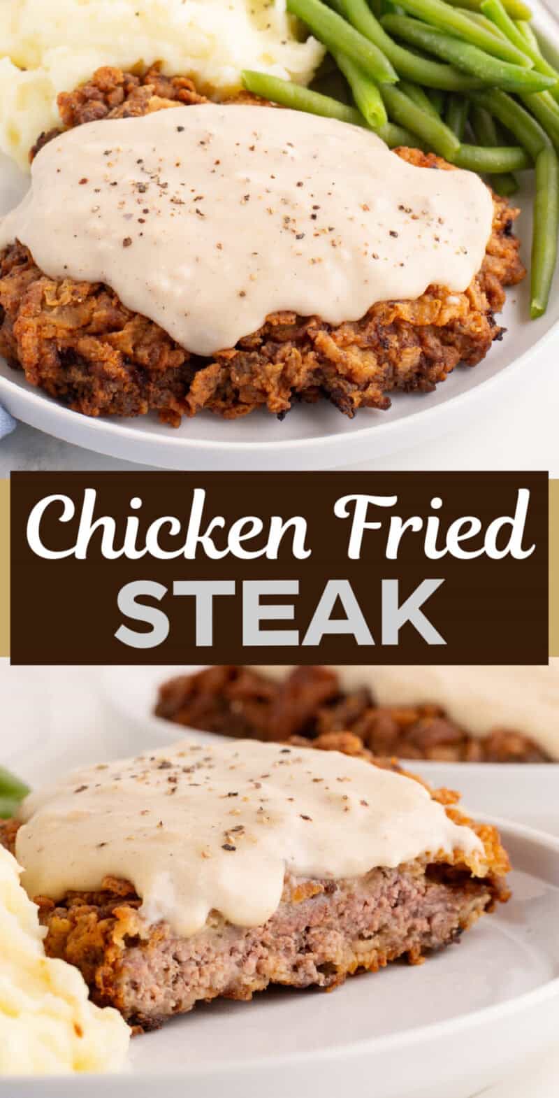 chicken fried steak with gravy on top of it, on a plate with mashed potatoes and green beans.