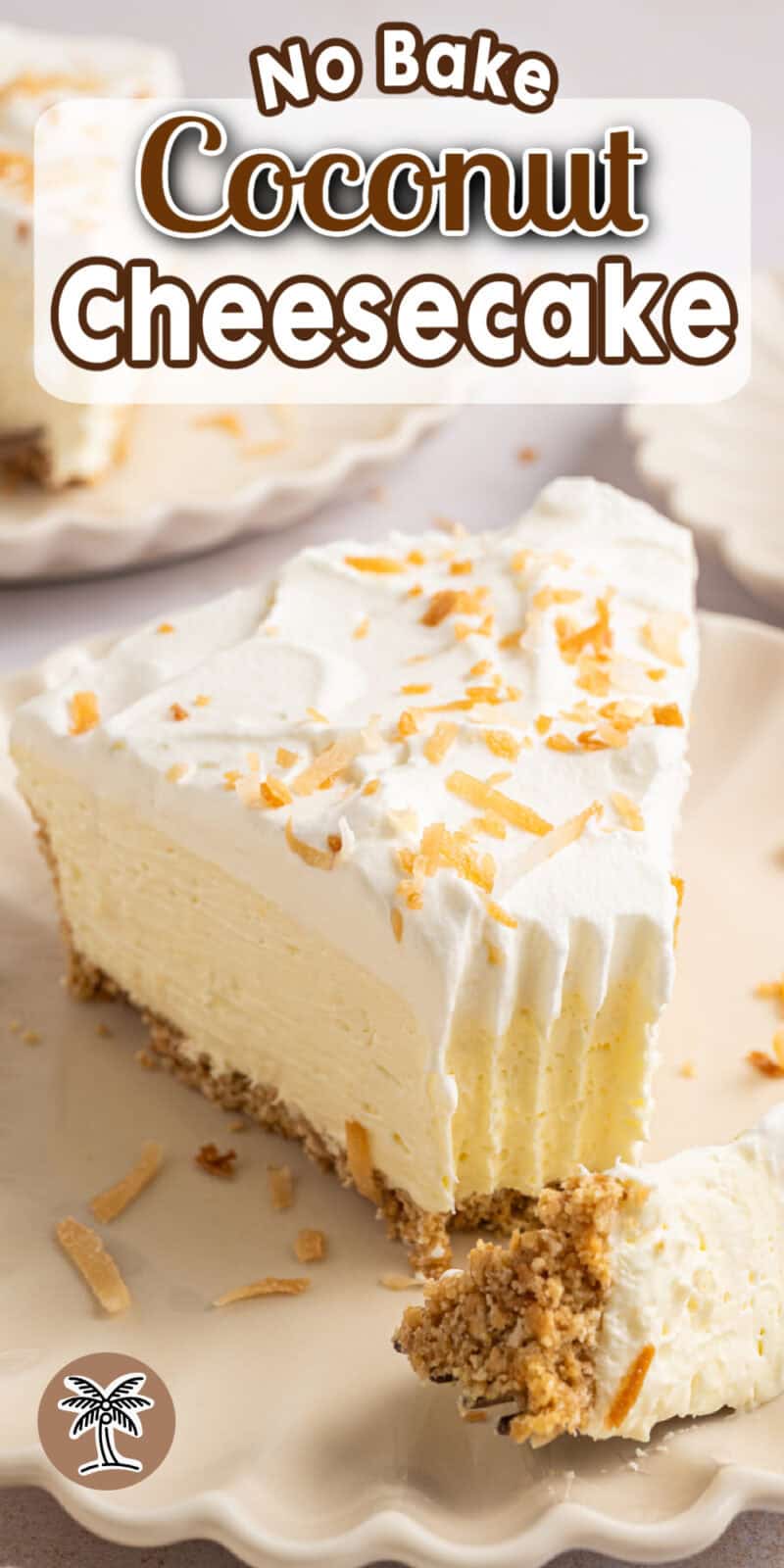 A slice of coconut cheesecake on a plate.