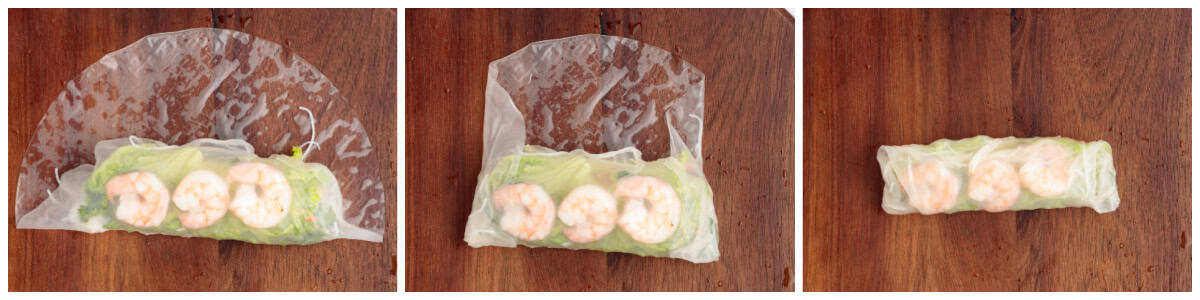 Steps on how to rolls a Vietnamese Shrimp Salad Roll.