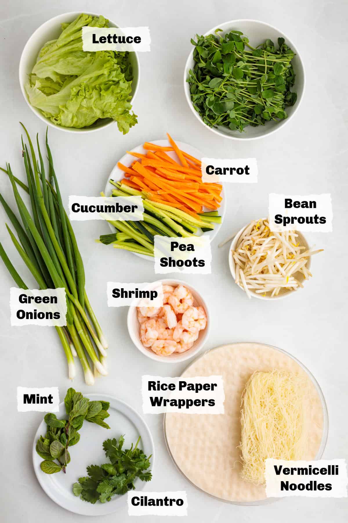 ingredients on a table to make Vietnamese Shrimp Salad Rolls.