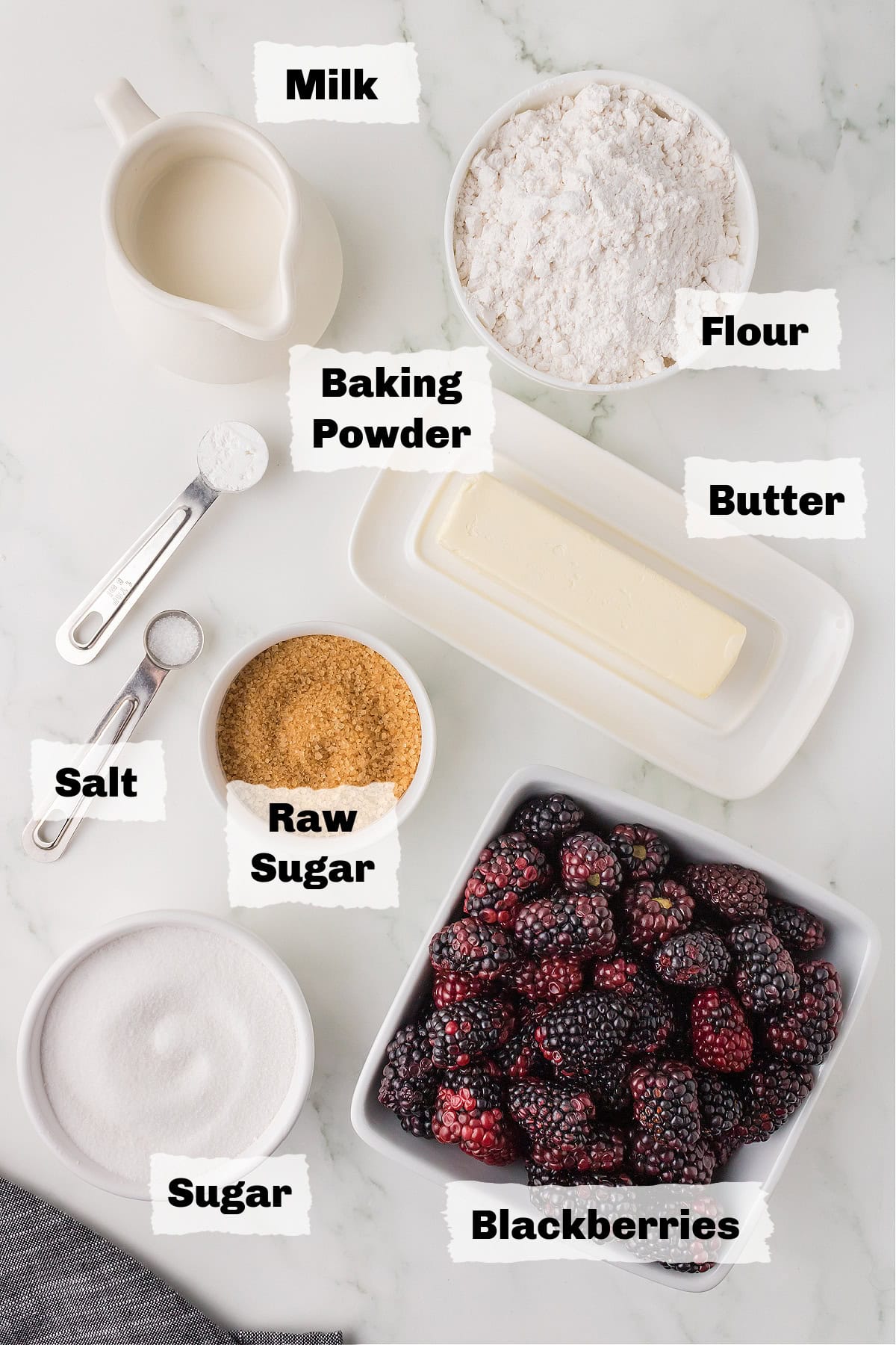 ingredients on a table to make blackberry cobbler.