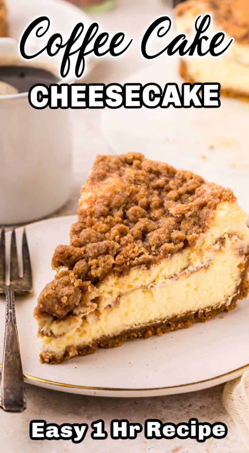a slice of Coffee Cake Cheesecake on a white plate with a fork beside it.