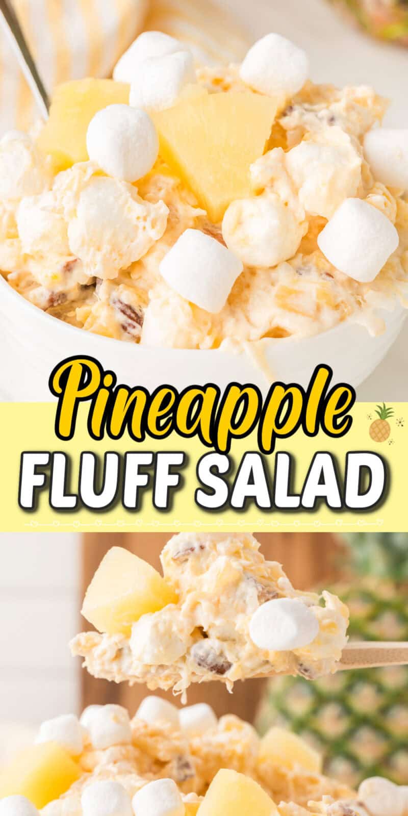 Pineapple fluff salad in a bowl and on a spoon.