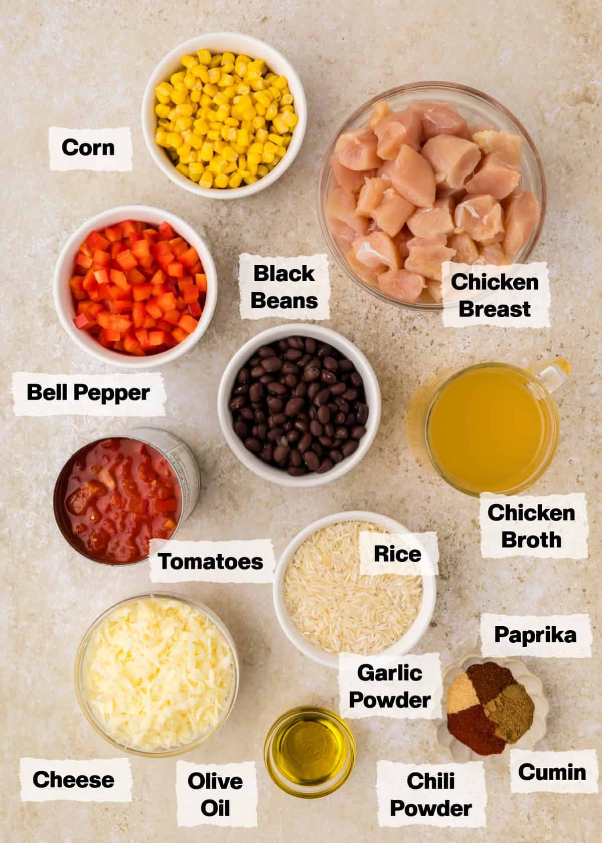 The ingredients on a table to make southwest chicken skillet.
