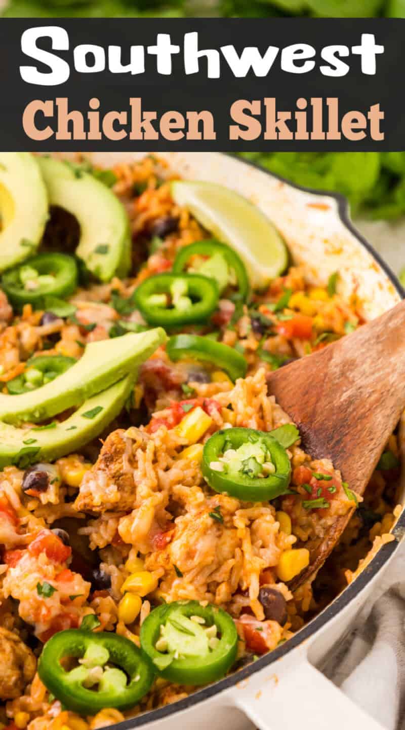 Southwest chicken skillet in a pan with a wooden spoon.
