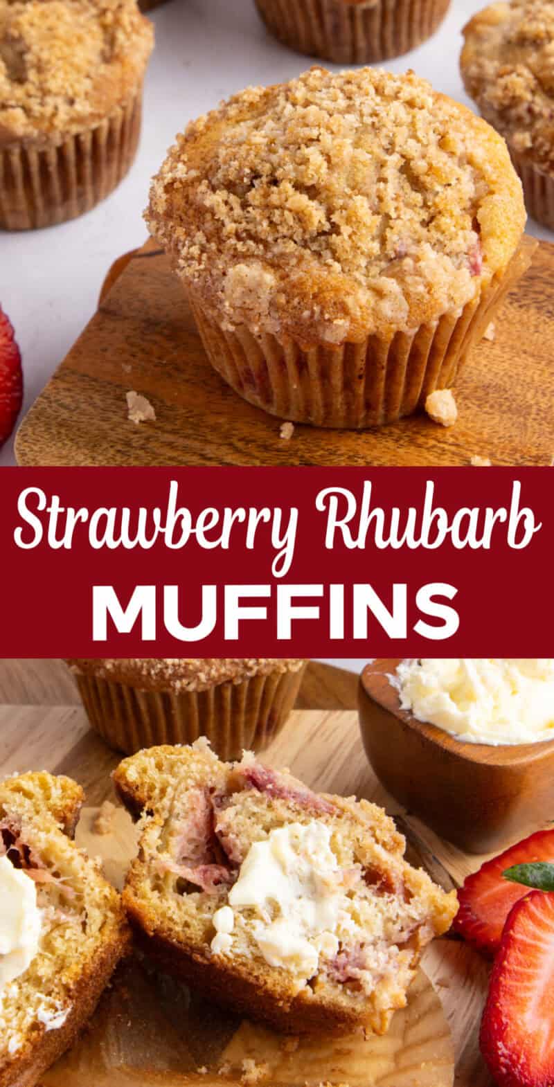 a whole Strawberry rhubarb muffin and another cut in half with butter spread on it.