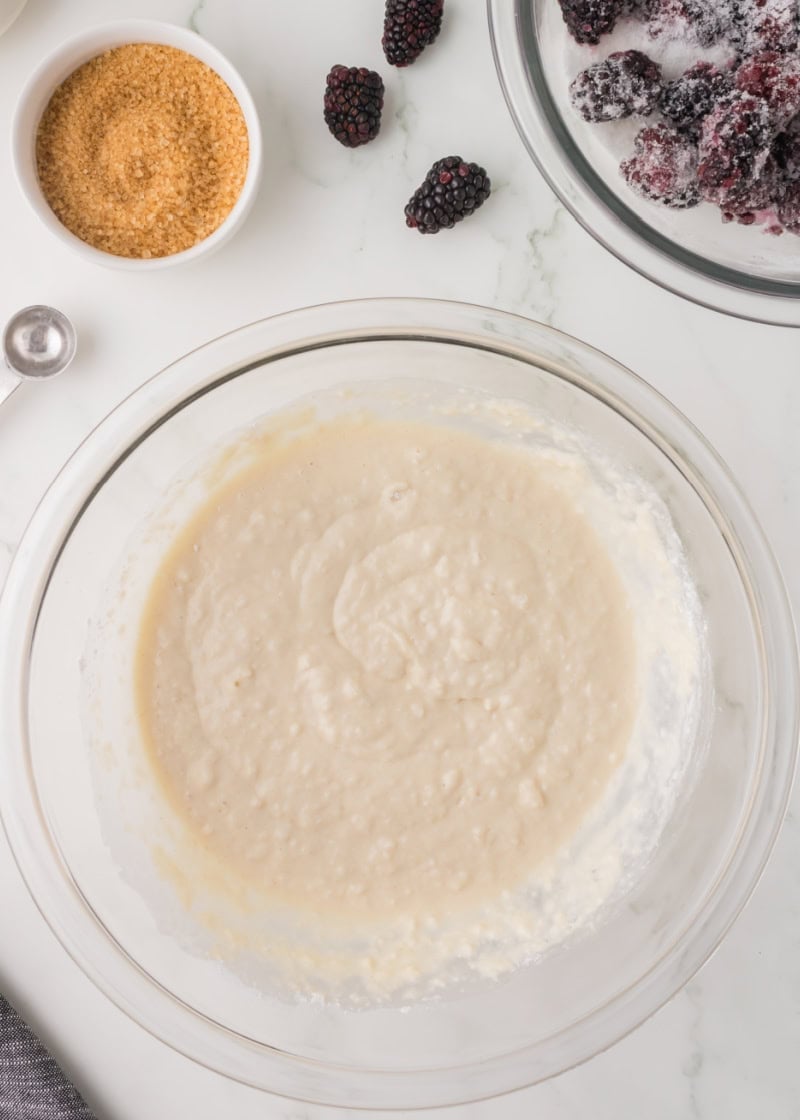 batter in a glass mixing bowl.