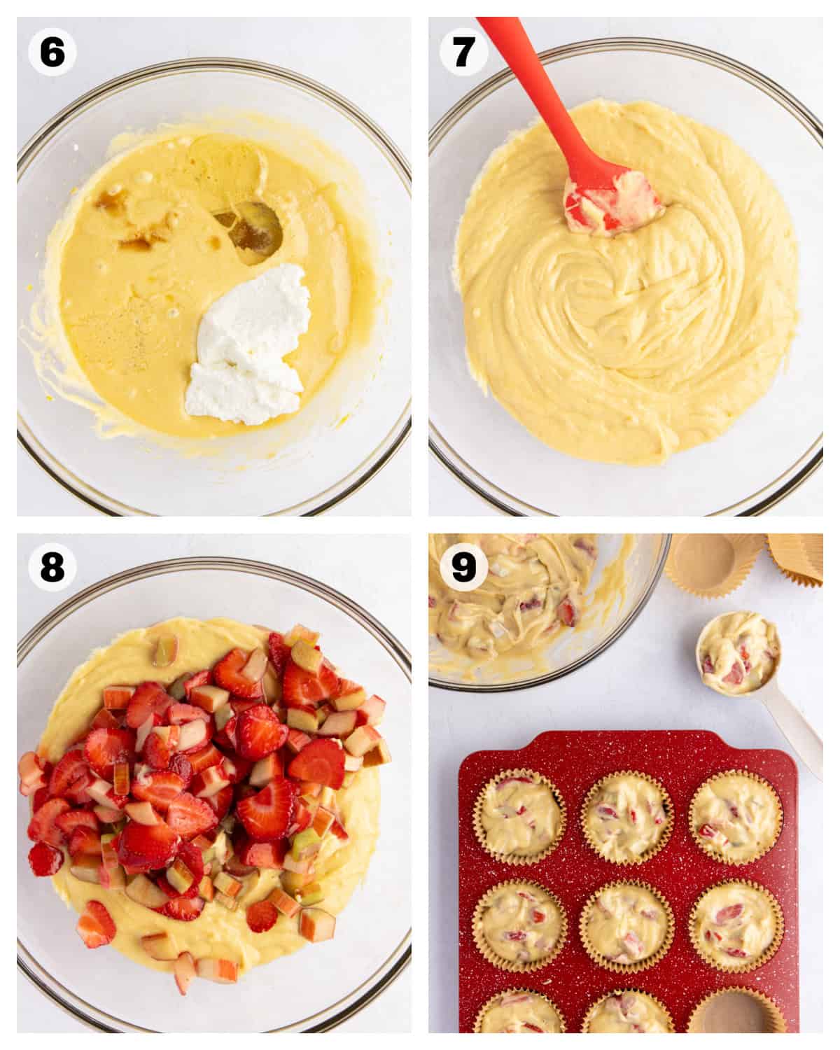 how to make strawberry rhubarb muffins by mixing the batter and placing them into cupcake liners.