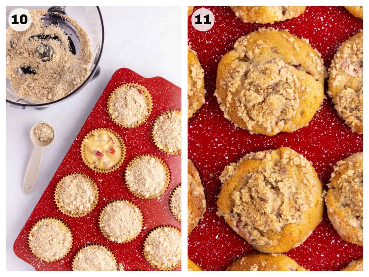 making strawberry rhubarb muffins by adding batter to paper cups and baking them.