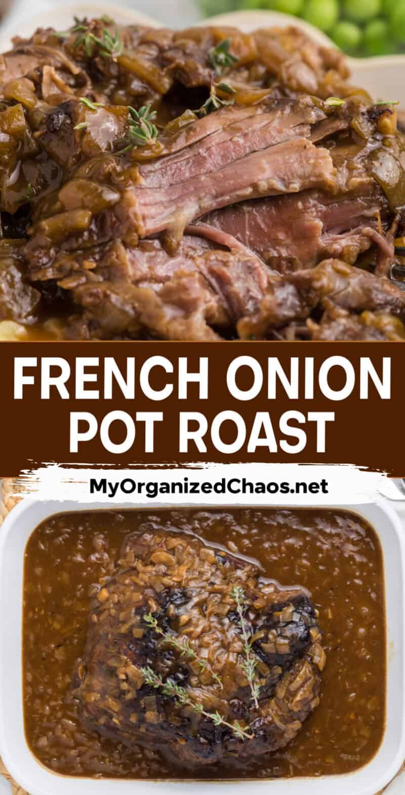 French onion pot roast in a dish with dried thyme on top.