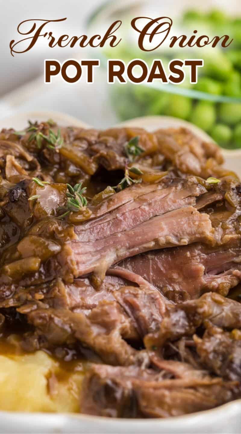 french onion pot roast on a plate over mashed potatoes.