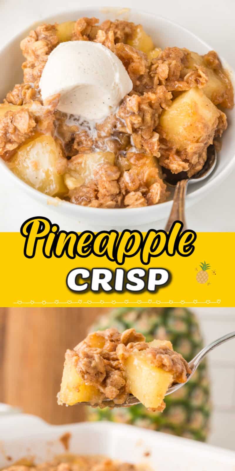 Pineapple crisp on a spoon and some in a bowl with vanilla ice cream.