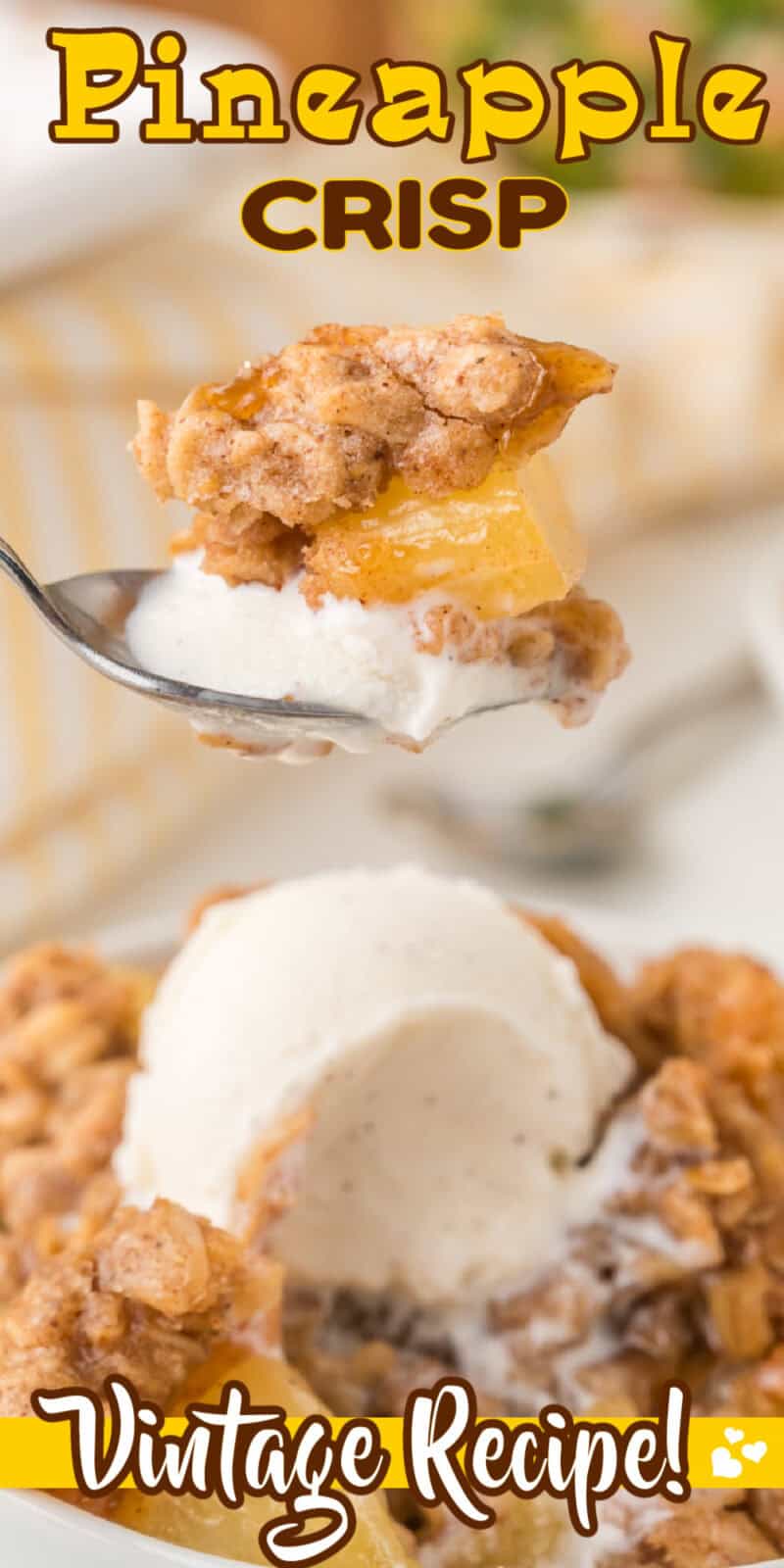 Pineapple crisp on a spoon with ice cream.