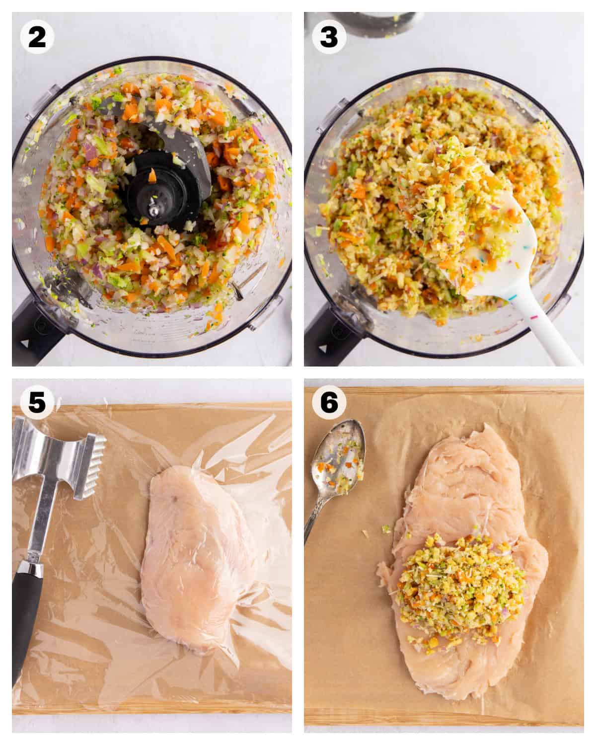 Steps to make Stuffing Stuffed Chicken Breasts including making the stuffing and vegetable filling and flattening the chicken breast.